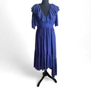 Three Floor blue with pink polka dot midi dress with ruffle detail Size: Large